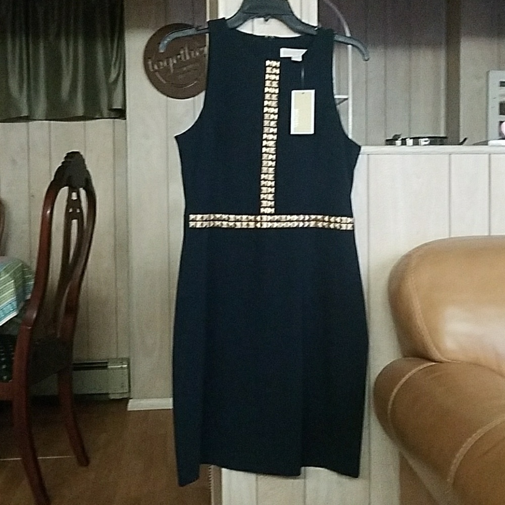 Navy Blue Sleevless dress with gold accents.